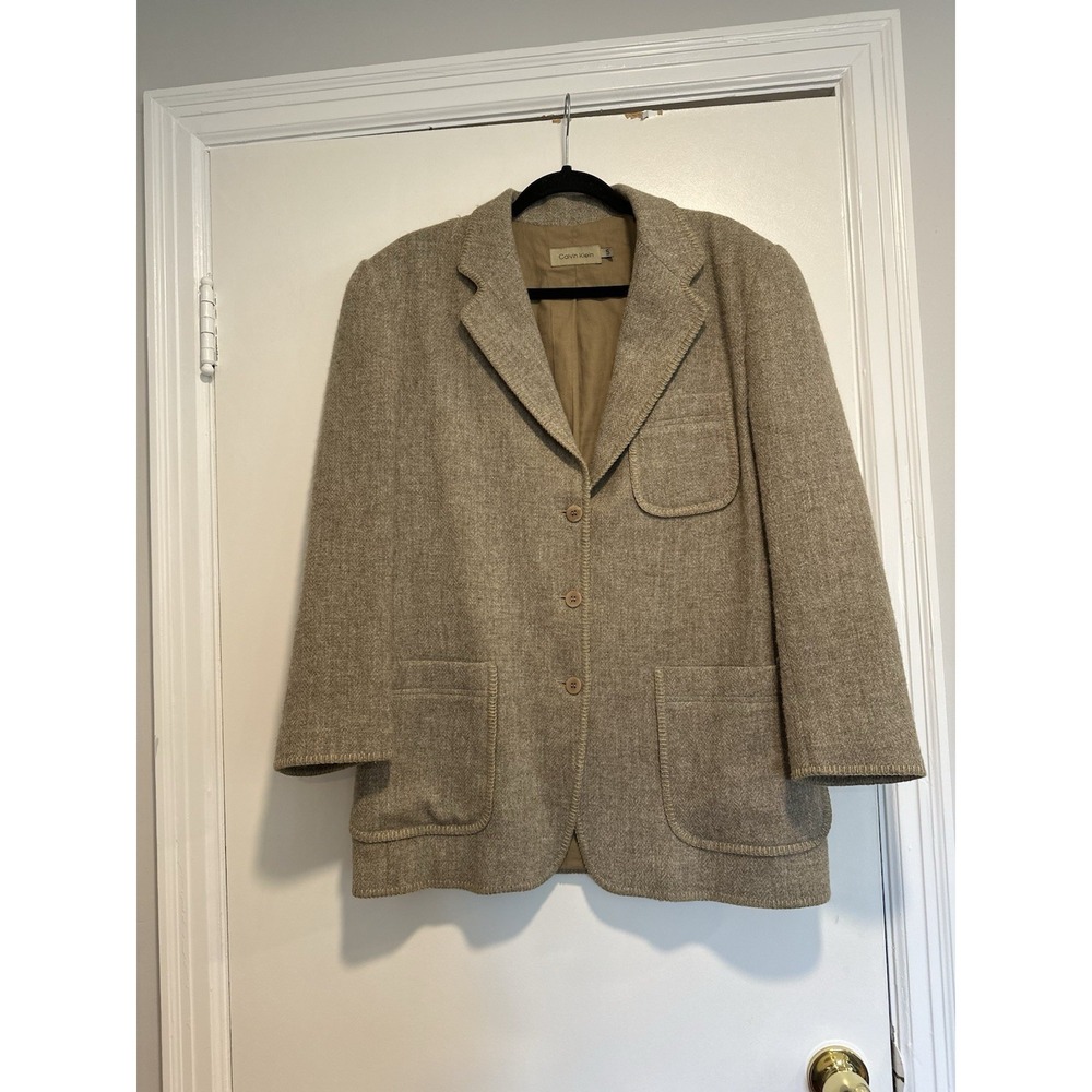 VTG 90s/ Y2K Small Calvin Klein Exposed Beige Stitch Wool Blazer. Button. Lined